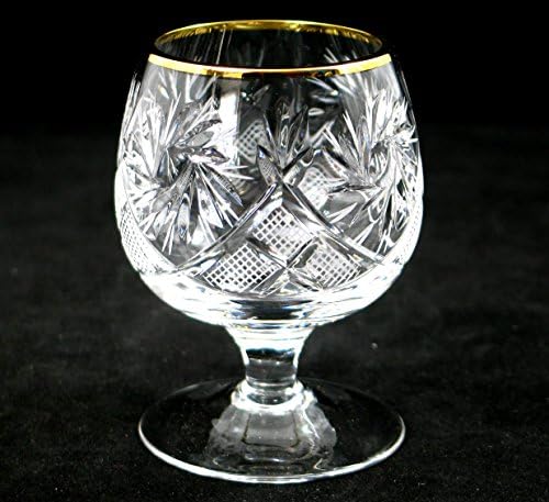 סט של 6 ויסקי סקוטש קוניאק קריסטל חתוך רוסי נבע מזכוכית גביע סניפר, מסגרת זהב 24 קראט 5 אונקיות. וודקה ליקר