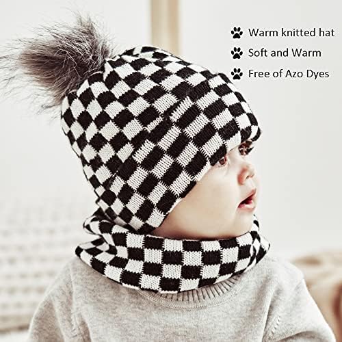 כובע סרוג לתינוק וצעיפים סט 2 חלקים, כובע כפה של חורף משובץ בחורף עם פומפום לפעוטות 0-4 שנים