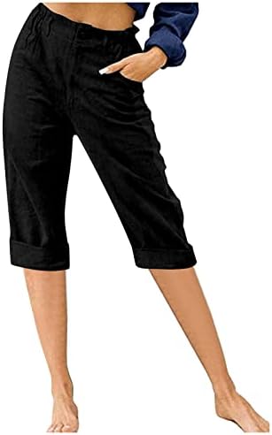 מכנסי פשתן לנשים מותניים גבוהים מכנסיים מכנסיים כפתור מכנסיים קצוצים ברגליים ישר מותניים אלסטיים