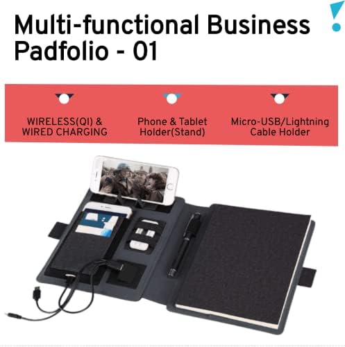 Padfolio עסקי עם כרית טעינה QI אלחוטית ויציאת USB, מארגן תיקי עור דמוי עור כולל 4000mAh Bank Tharging Bank