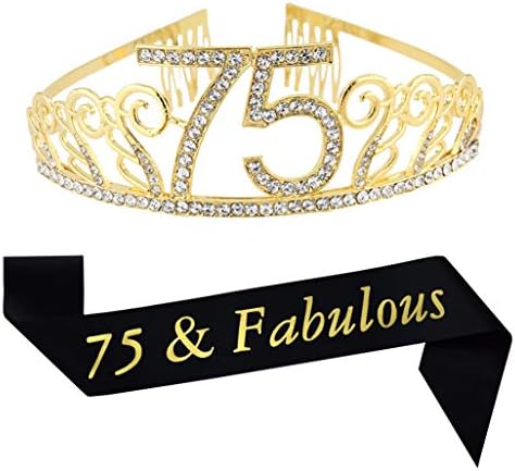 יום הולדת 75 טיארה זהב נזר ואבנט נצנצים סאטן סאטן וכתר טיארה ריינסטון קריסטל לטיארה שמחה 75 אספקת מסיבת יום