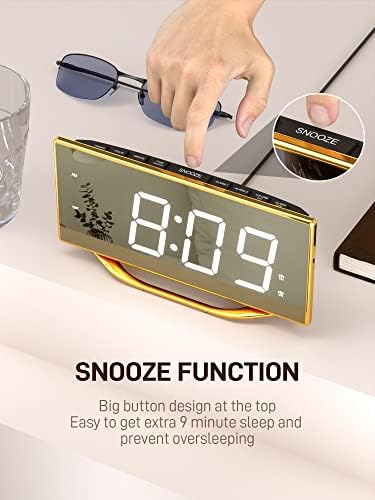 שעון מעורר לחדר שינה, שעון דיגיטלי מודרני לסלון, 8.7 שעון מעורר של מראה LED עם 2 מטען USB, נודניק, 12/24
