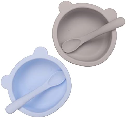 קערות לתינוק סיליקון עם יניקה / 2 חבילות קערות וכפות לפעוטות / סט האכלת תינוקות / מדיח כלים ומיקרוגל