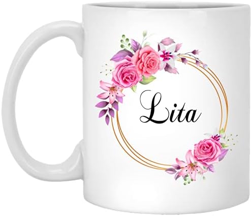 גבינס עיצובי ליטה פרח חידוש ספל קפה מתנה ליום האם - ליטה פרחים ורודים על מסגרת זהב - פרח ספל ליטה
