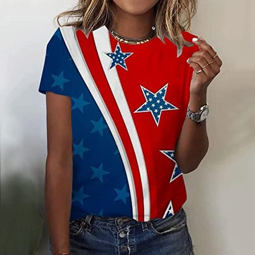 Ausyst נשים דגל אמריקאי טשירטים קיץ שרוול מזדמן צוואר עגול צוואר עגול 4 ביולי יום העצמאות של יום העצמאות חולצות
