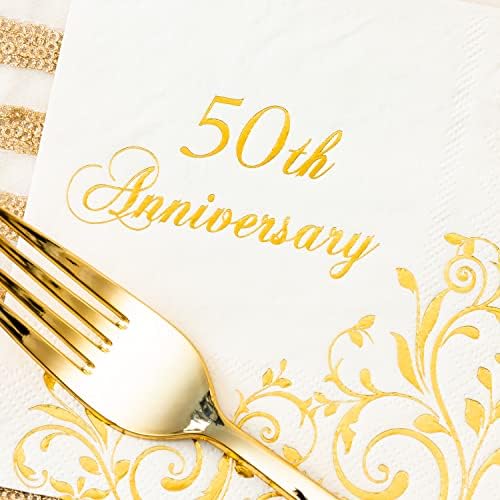 נייר זהב קריסקי מפיות קוקטייל 50 שנה לקישוט מסיבות חתונה מוזהבות, מפיות קינוח חד פעמיות חד-פעמיות,