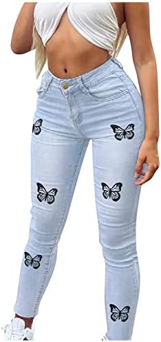 ג'ינס רזה לנשים נערות נוער מותניים גבוהות פרפר הדפסים מכנסיים מכנסיים קלאסיים להרים מכנסי רחוב