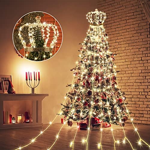 קישוט אורות עץ חג המולד, 8.2ft מפל פיות מיתרים אורות חוט עם טופר עץ כתר, 156 LED לבן חם USB