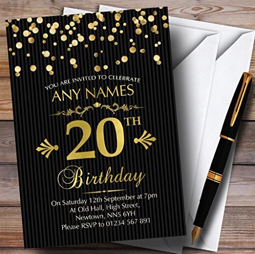קונפטי זהב פסים שחורים פסים 20 הזמנות למסיבת יום הולדת בהתאמה אישית