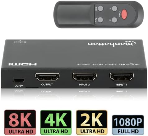 Manhattan HDMI 2.1 8K@60Hz 2 יציאה HDMI מתג-HDMI מתג 2 ב 1 OUT עם IR מרחוק, 8K 48GBPS, 4K@120Hz, רכזת בורר אוטומטי