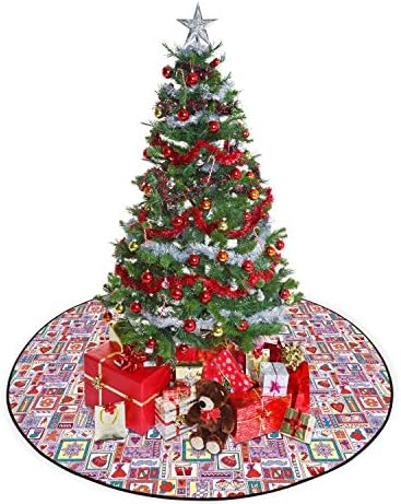חצאית עץ דקורטיבית של Ambesonne חג המולד, דפוס ראש השנה עם פעמונים עץ חג המולד ממתקים נרות הדרים מצויר של פתיתי