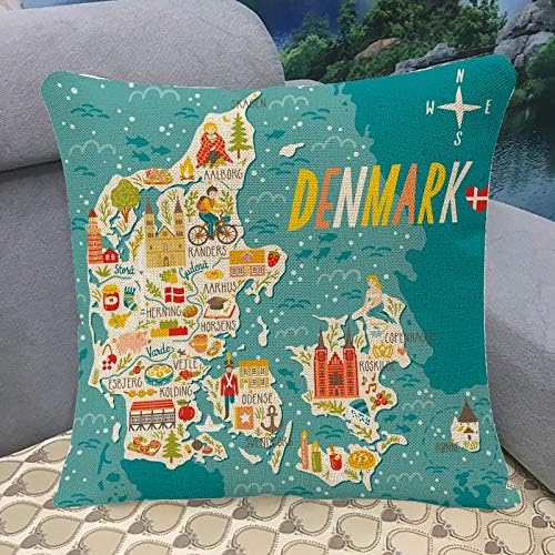 Yggqf זריקה דקורטיבית כיסוי כרית מפת עיר של דנמרק נסיעות עם ציוני דרך דנים אנשים אוכל ובעלי חיים