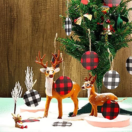 24 חתיכות חג המולד עץ קישוטי כפול צדדי עגול עץ קישוטי אדום ושחור באפלו משובץ תליית קישוטי עץ פרוסה