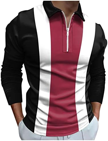 WOCACHI 2022 חולצות פולו גברים, שרוול ארוך 1/4 רוכסן צוואר גולף צוואר גולף טלאים מפוספסים חולצת