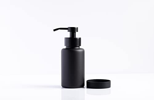בקבוק מחלקת סבון מקצף זכוכית שחור - שחור מט - 11 אונקיה - כולל תוויות סבון ידיים ורכבת סיליקון