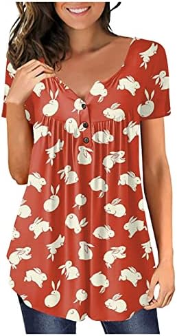 חולצת פסחא לנשים ארנב ארנב חמוד שרוול קצר טוניקה כפתור עליון חולצות מזדמן חולצה נוצרית צוואר