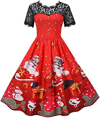 שמלת תחרה לחג המולד לנשים שרוול קצר שמלות תה מזדמן שמלות סנטה מודפסות שמלות קוקטייל שמלות נדנדה