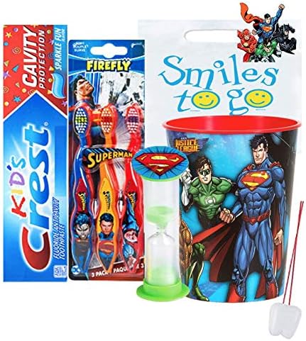 סופרמן 6 PC. חיוך בהיר צרור היגיינה אוראלי! 3PK מברשת שיניים ידנית רכה, משחת שיניים, טיימר צחצוח
