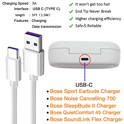 5ft USB סוג C מטען כבל טעינה עבור Bose Sleepbuds II 2, אוזניות רעש Bose 700, אוזניות אוזניות ספורט, גמישות Soundlink,