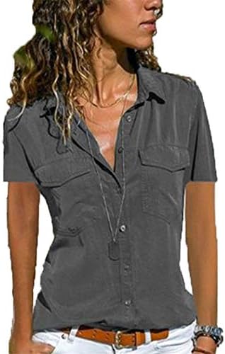 Andongnywell Womens חולצות שרוול קצר נגד צוואר צווארון כפתור מטה חולצה עם כיסים עסקים בקיץ