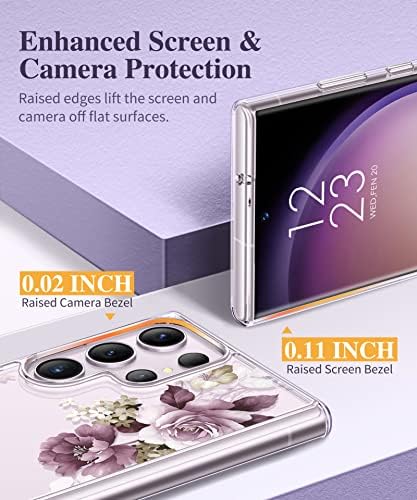 Gviewin עבור Samsung Galaxy S23 Ultra Case עם מגן עדשת המצלמה, פרחוני דק -ברור אטום הלם מגן מחשב קשה+TPU