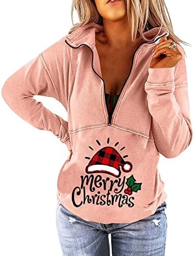 נשים של חג המולד ארוך שרוול 1/4 רוכסן צווארון זרוק כתף גדול רפוי סווטשירט בסוודרים סוודר