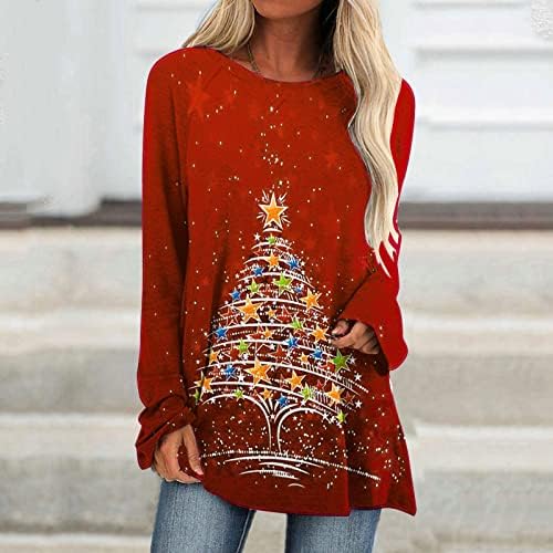טיקוי ארוך שרוול חולצות לנשים טרנדי אור עץ חג המולד הדפסת צווארון עגול חולצות טוניקת חולצות ללבוש עם חותלות