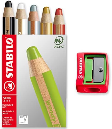 עיפרון רב-כישרון של SIBLILO Woody 3-in-1-קופסה בסיסית של 5-כסף, זהב, לבן, שחור, אדום + מחדד