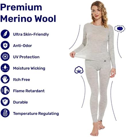 Merinnovation Merino Merino Base Layer Tops and תחתית לנשים צמר מרינו שרוול ארוך תרמי ומכנסיים