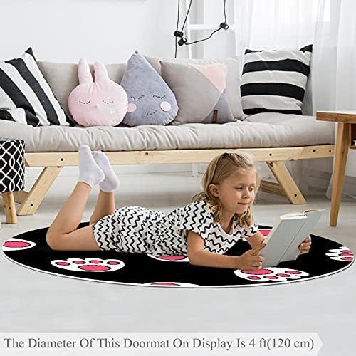 Llnsupply ילדים עגולים לילדים שטיח שטיח שטיח חתול חמוד כפה רקע שחור כרית שטיח שטיח רך מתקפל משחק משחק מחצלת