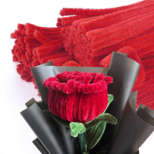 חומרי ניקוי צינורות אדומים מלאכה 200 יח 'גבעולי צ'ניל עבור ורדים בעבודת יד 6 ממ x 12 אינץ