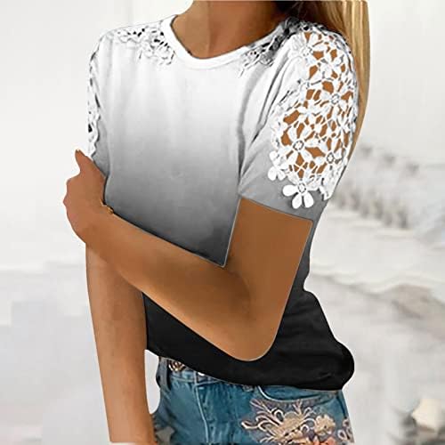 צמרות קיץ לנשים 2023 חולצת טריקו מודפסת אופנה תחרה שרוולים קצרים חולצה חולצה צוואר עגול