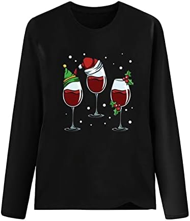 נשים של חג המולד אדום יין זכוכית חולצה מתגנדר מקרית צווארון ארוך שרוול חולצה חג בלינג חג המולד כובע גרפי חולצות