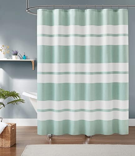 עיצובים ביתיים חמים וילון מקלחת וופל לבן עם פסי בד ירוקים. כל וילון מקלחת מארג וופל גודל 70X72 אינץ '. וילונות