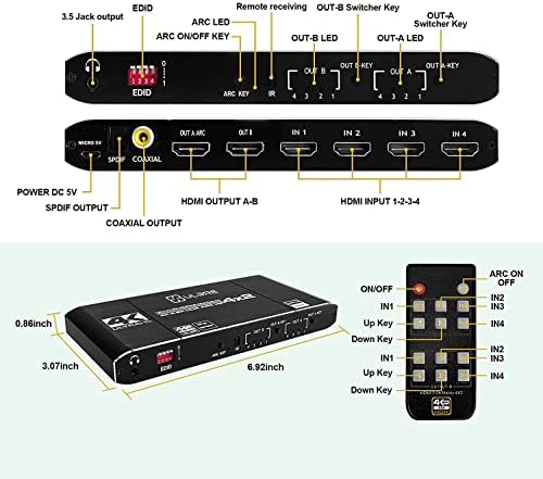 מתג מטריצת HDMI של Ulbre 4x2, 4 ב 2 מטריקס HDMI וידאו מתג עם חולץ EDID ושלט רחוק, תומך 4K HDR, HDMI