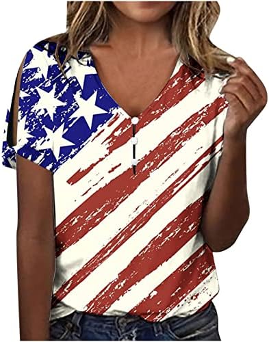 נשים קיץ מזדמן כפתור שרוול קצר חלול נ 'צוואר עצמאות יום עצמאות הדפס חולצות שכבות שרוול ארוכות
