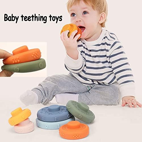 Pulasido צעצועים לתינוק 6-8-12 חודשים, 6 יח 'נערמים טבעות צעצועים רכים וצעצועים בקיעת שיניים, סוחטים משחק עם