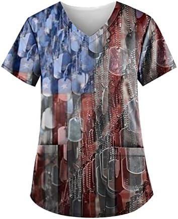 4 ביולי חולצת טי לנשים דגל אמריקאי קיץ שרוול קצר חולצת טי עם 2 כיסים חולצות בגדי עבודה מזדמנים לחג