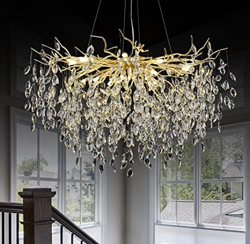 תאורת קריסטל נברשת מודרני זהב נברשות תאורת עץ סניף אוכל חדר טיפת גשם נברשת תליית תליון אור קבועה 23.6