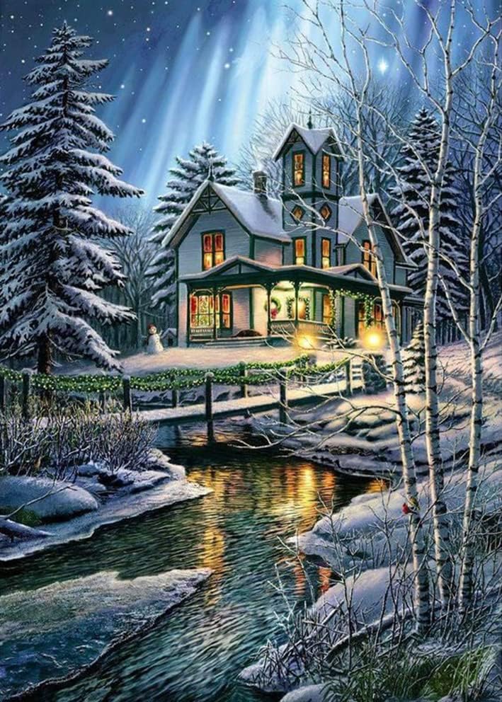 לילה לחג המולד בציור אמנות יהלום, ערכות ציור יהלומים של DIY 5D למבוגרים עץ חג מולד עגול מלא עם ציורי