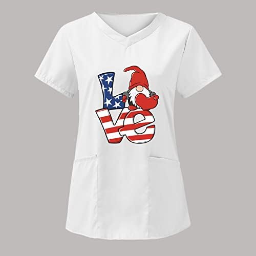 4 ביולי חולצות לנשים דגל אמריקאי קיץ שרוול קצר טיז עם 2 כיסים חולצה למעלה בגדי עבודה מזדמנים לחג