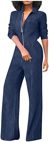 יוהדה נשים שרוול ארוך פולו צוואר רוכסן מוצק צבע סרבל להקת מותניים ארוך ישר ג ' ינס רגליים מקרית רומפר