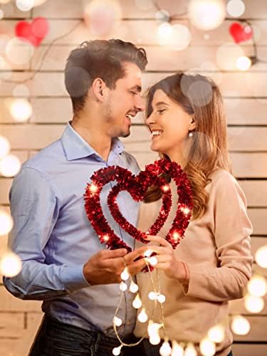 2 pcs זרי ולנטיין לדלת הכניסה - זרים בצורת לב אדום עם אורות מיתר LED, זרי לב קישוט טינסל ליום האהבה, חתונה, אירוסין