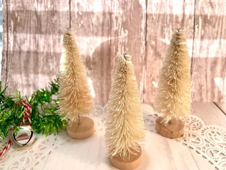 3 יח 'עץ מברשת בקבוק לבן חמוד, 3 1/2 אינץ' מיני חג המולד מיניאטורה עצי סיסל קטנים קטנים