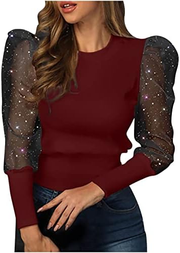 נשים נצנצים גליטר לוח רשת חולצות מזדמנים רופפות חולצות שרוול ארוך חולצה 2023 חולצות טוניקה בצבע מוצק רופף