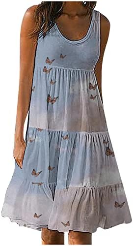 שמלות קיץ של נשים הדפס פרפר צוואר עגול שמלת טנק ללא שרוולים ללא שרוולים מזדמנים חוף רופף שמלת