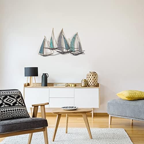 ADECO 3D מתכת אמנות קיר סירת מפרש, פסלי קיר מתכת עתיקים בעבודת יד פסלי קיר קירט ימיים, סירת שיט מתכתית עיצוב חוף