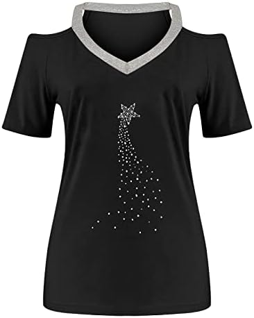 בנות חולצה עם שרוול קצר 2023 כתף קר כותנה V צוואר גרפי כוכב גרפי ריינסטון חולצת טשס עליון לנשים 8A