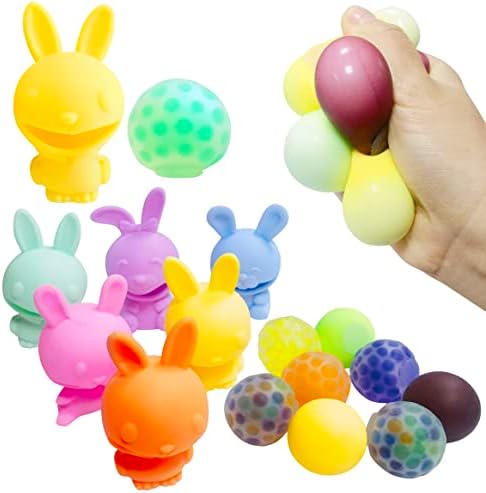 16 חבילה ארנב פסחא נוקשה כדורי לחץ צעצועים עם חרוזי מים, ארנב פסחא סחוט צעצועים לקשקש כדורים,