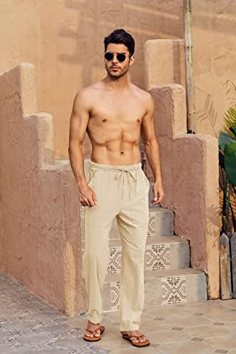 מכנסי פשתן של גפנג גברים יוגה חוף רופף בכושר מזדמן קיץ מותניים אלסטיים שרוך מכנסיים רחבים עם כיסים